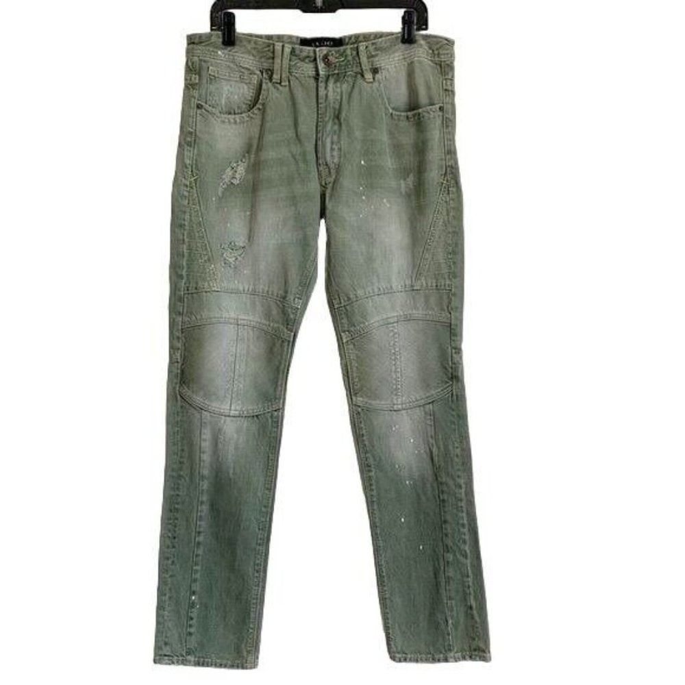 Akoo By Rapper TI Green Distressed Splatter Ultra Slim Moto Jeans 34x33
